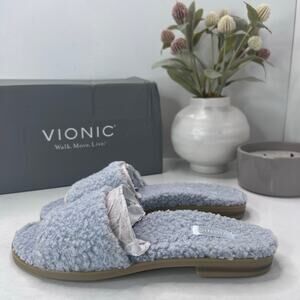 Vionic Demi Faux Natural Shearling Slip On Sandal Blue H7706F1400 Women 6M NWB